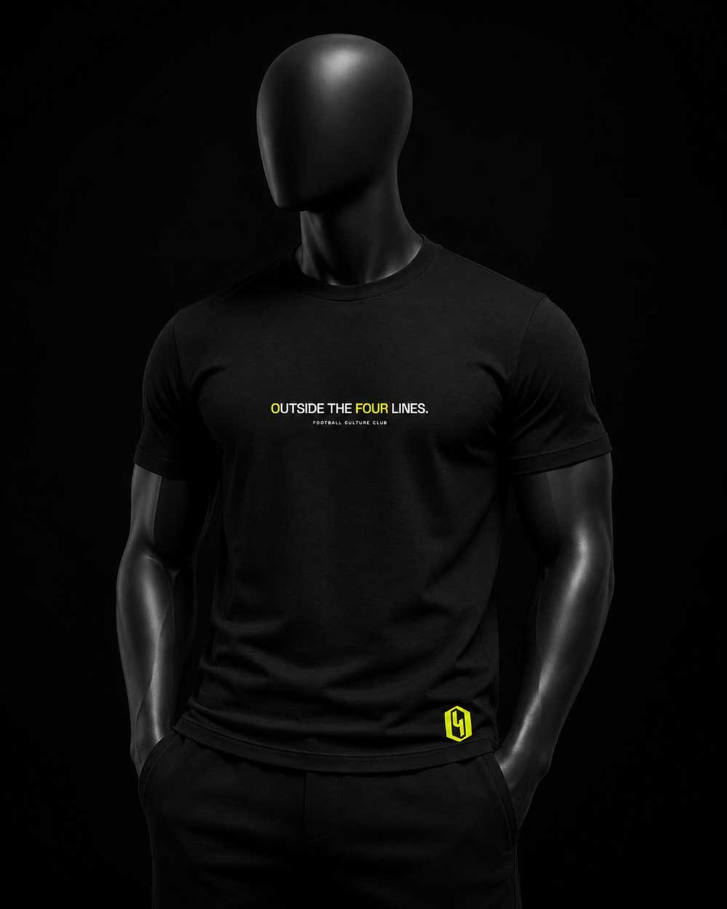 O4 black heavyweight t-shirt with acid-lime hexagon mark